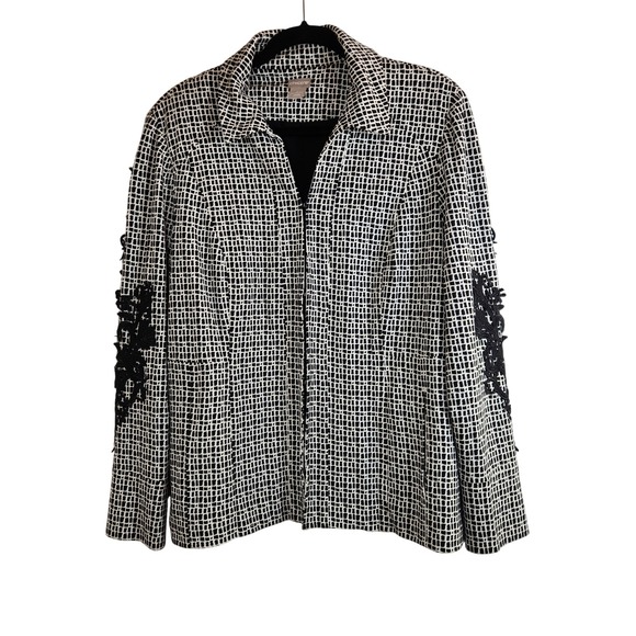 Chico's Jackets & Blazers - Chico's 2 Womens Large Black & White Geo Print Lace Blazer Jacket Office Stretch